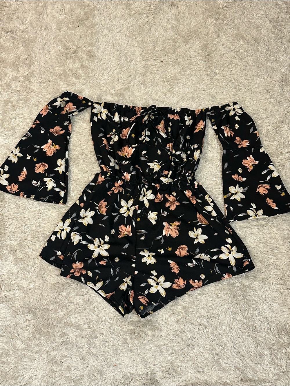 Black Floral Off-Shoulder Romper with Bell Sleeves - Junior 5, fits like small!